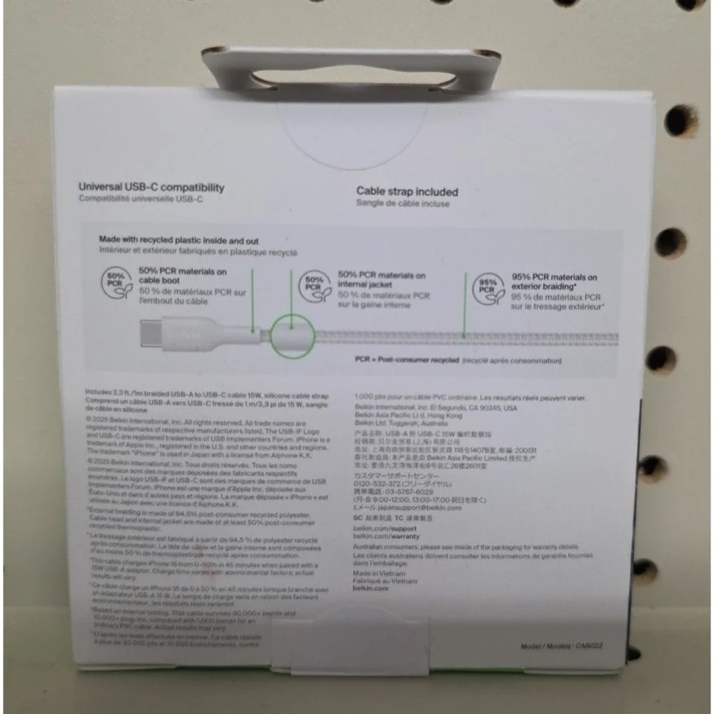 Belkin BoostCharge Pro USB-A to USB-C Braided Cable 3.3ft 1M White NEW